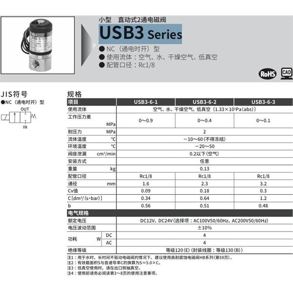 CKD喜開(kāi)理多種流體小型直動(dòng)式2通電磁閥USB3-6-2-D-DC12V