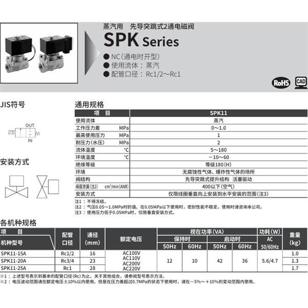 CKD喜開(kāi)理蒸汽用先導(dǎo)突跳式2通電磁閥SPK11-25A-K4A-AC100V