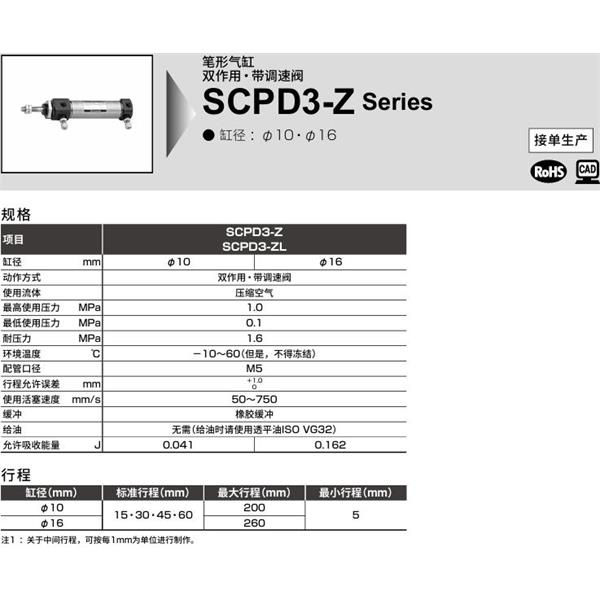 CKD喜開理筆形氣缸SCOD3-Z-LB-16-250-Y
