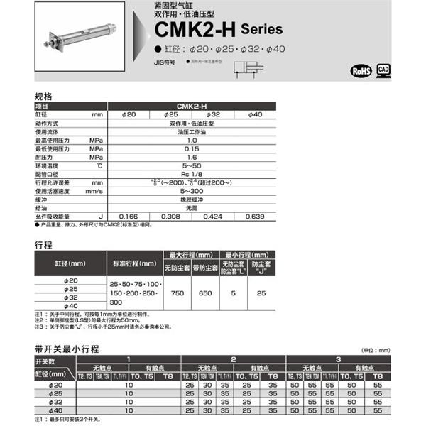 CKD喜開理緊固型氣缸CMK2-H-CC1-32-100-JI