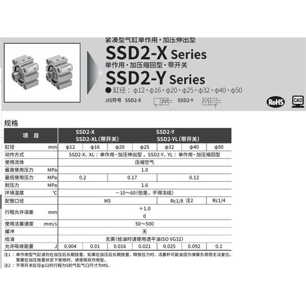 CKD喜開理緊湊型氣缸SSD2-XL-50-5-N-LB-I