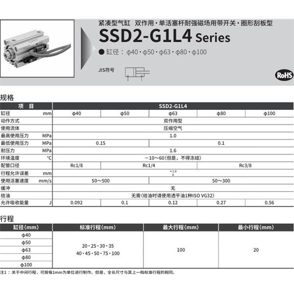 CKD喜開理緊湊型氣缸SSD2-G1L4-40-40-V0-D-N-LB-I