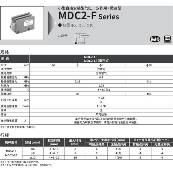 CKD喜開理小型直接安裝型氣缸MDC2-LF-10-8-F2V-R