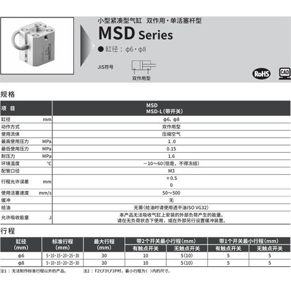 CKD喜開理小型帶線性導軌緊湊型氣缸MSD-L-8-15-F0H-R-R