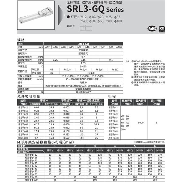 CKD喜開(kāi)理超級(jí)無(wú)桿氣缸SRL3-GQ-LB1-100B-200-B
