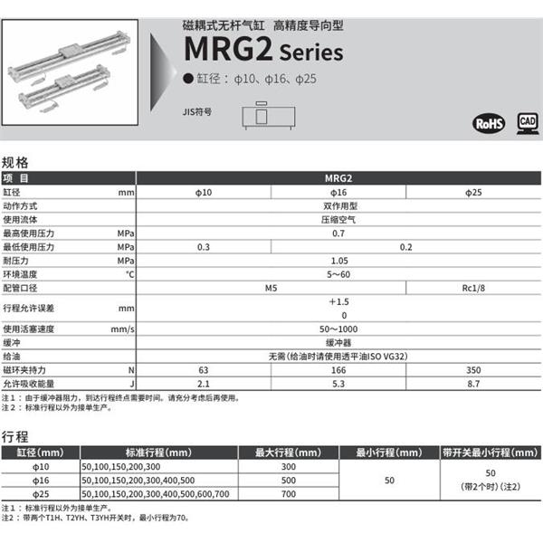 CKD喜開理磁耦式高精度導軌型氣缸MRG2-16-50-A
